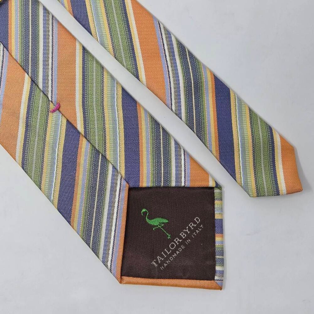 TAILORBYRD HANDMADE ITALY SILK TIE PASTEL ORANGE GREEN BLUE STRIPE 4" X 60" - Picture 2 of 3